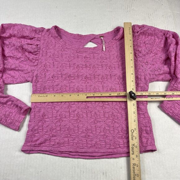 Free People Tea Time Blouse Pink Lace Open Back Boho Romantic Puff Sleeve Large - Picture 6 of 10
